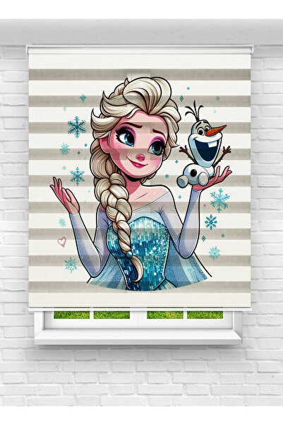 evana home Karlar Ülkesi Temalı Zebra Perde – Elsa ve Kardan Adam Desenli Kız Çocuk Odası Stor Model 💙