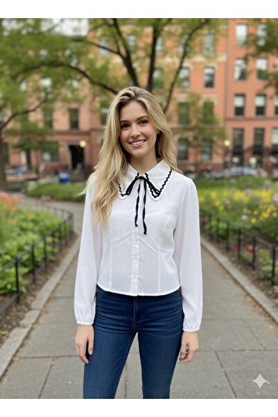 Meşe Moda Bow Ruffle Collar Long Sleeve White Blouse/Shirt