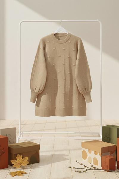 FERHEL Pulover tricotat moale, cu detaliu în relief, cu dungi la genunchi