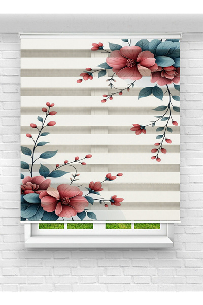 evana home Kırmızı ve Mavi Çiçek Desenli Zebra Perde – Şık, Modern ve Leke Tu...