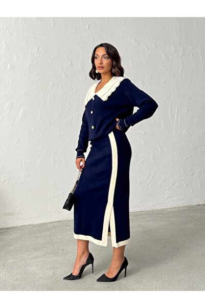 BEJNA Women's Navy Blue Baby Collar Knitwear Set