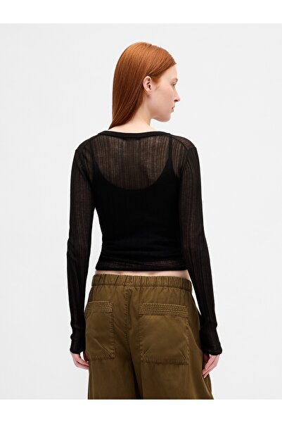 GAP Kadın Siyah Transparan Fitilli Henley Kazak