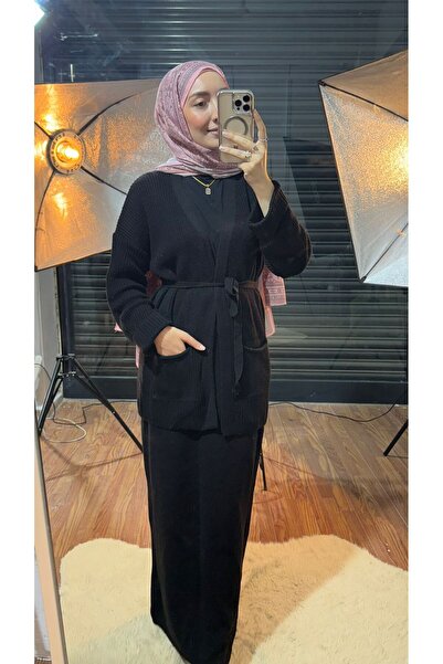 MY QILAM Women's Black Double Pocket Detailed V-Neck Cardigan with Skirt Hijab Bottom Top Knitwear Set