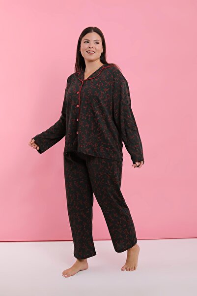 Akbeniz Women's Plus Size Black Red Floral Buttoned Pajama Set