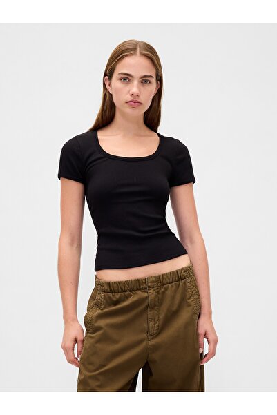 GAP Kadın Siyah Modern Fitilli Scoop Crop T-Shirt