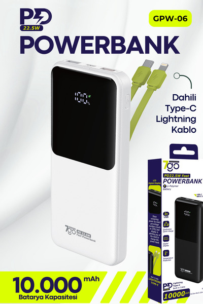 7GO GPW-06 10000mAh PD22.5W Hızlı Şarj Powerbank Beyaz | Dahili Type-C & Lightning Kablo | Dijital E