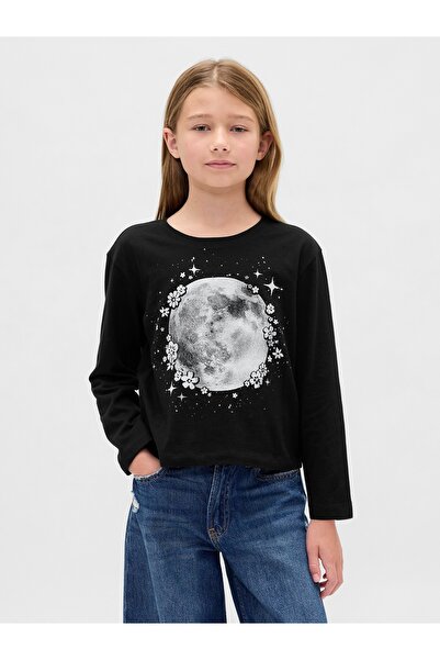 GAP Kız Çocuk Siyah Relaxed Grafik T-Shirt