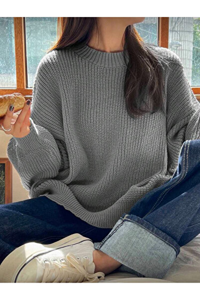 Buteks Gri Melanj Kadın Basic Salaş Rahat Kalıp Oversize Triko Kalın Dokulu Basic Kazak