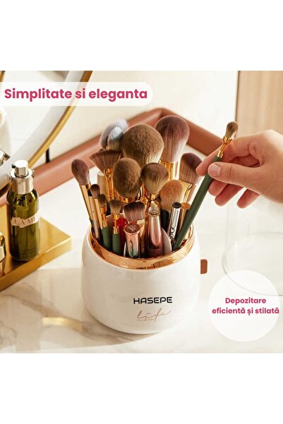 HASEPE Rotating Makeup Brush Organizer HASEPE, 7 Compartments, Transparent Lid, White/Gold Details