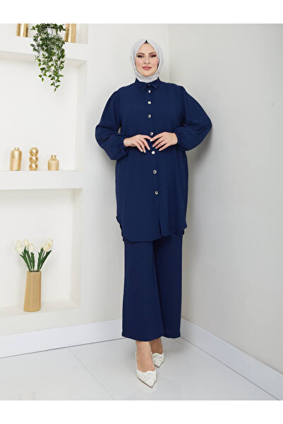 Esre Store 4543 - Set dublu cu pliuri și detalii, stil hijab, bleumarin