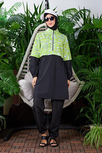 Moodbasic Green Geometric Patterned Hijab Swimsuit