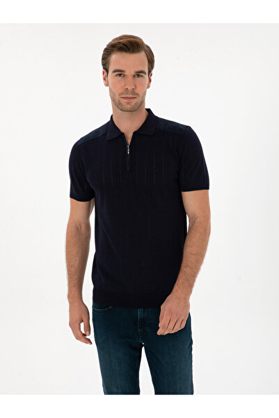 Cacharel Lacivert Slim Fit Keten Karışımlı Polo Yaka Triko T-Shirt 50288852-VR033