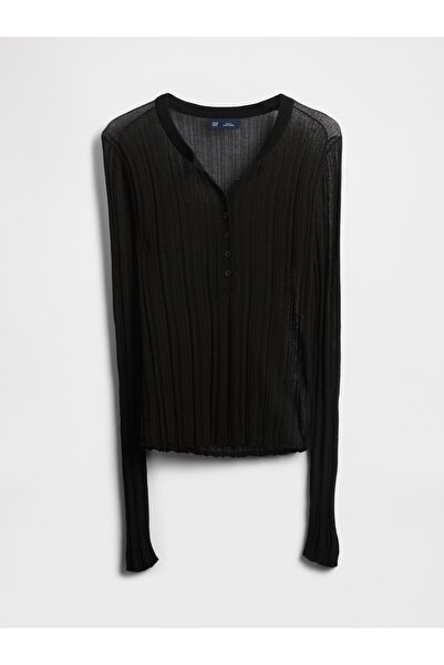 GAP Kadın Siyah Transparan Fitilli Henley Kazak