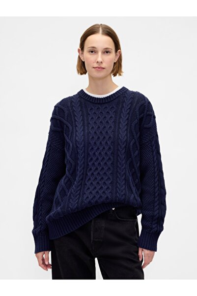 GAP Kadın Lacivert %100 Pamuk Oversized Cable-Knit Kazak