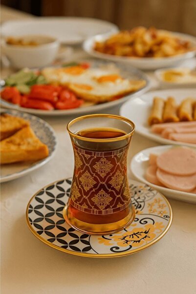 Jenisa 12 Pieces Gold Gilt Patterned Thin-Waisted Glass Tea Cup and Saucer - Tea Set