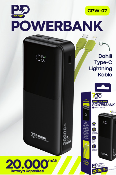 7GO GPW-07 20000mAh PD22.5W Hızlı Şarj Powerbank Siyah | Dahili Type-C & Lightning Kablo | Dijital E
