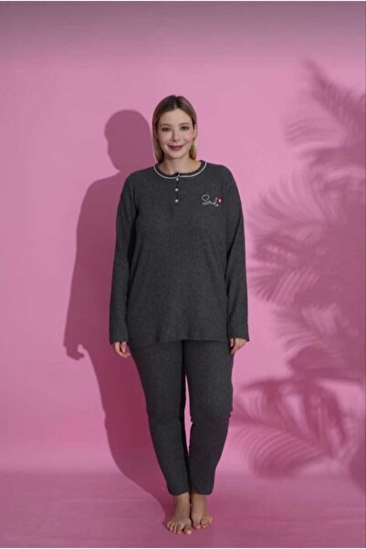 Eyfuze Women's Winter Plus Size Collar Buttoned Long Sleeve Interlock Pajamas Set