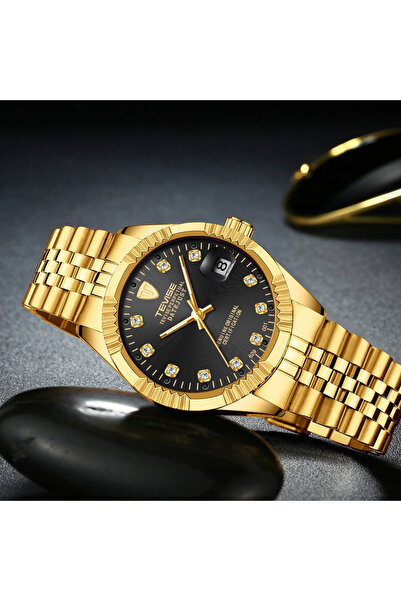 Tevise Ανδρικό ρολόι χειρός Classic Mechanical Automatic από ανοξείδωτο ατσάλι, χρυσό/μαύρο