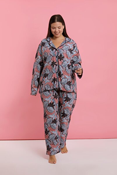 Akbeniz Women's Plus Size Salmon Leaf Pattern Buttoned Pajama Set