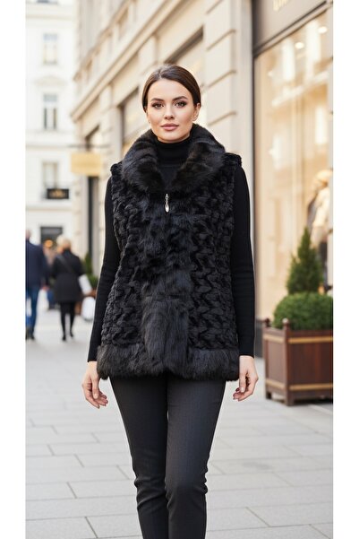 ihaoo WOMEN'S BLACK FAUX FUR VEST