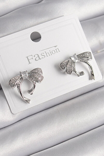 adshome Brass Silver Color Zircon Stone Bow Model Women's Earrings