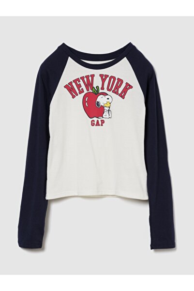 GAP Kız Çocuk Lacivert Snoopy Logo Uzun Kollu T-Shirt