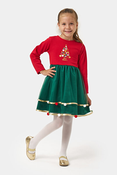 Minipodyum Φόρεμα για κορίτσια με σατέν λεπτομέρειες και πομπόν με θέμα την Πρωτοχρονιά