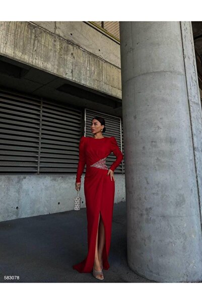 Modafeminen Μακρύ βραδινό φόρεμα Princess Kol με πέτρινη λεπτομέρεια 583078 ΚΟΚΚΙΝΟ