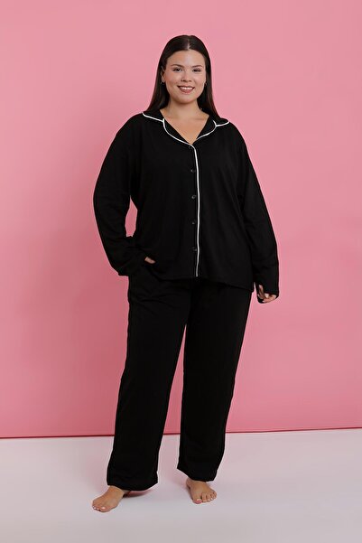 Akbeniz Women's Plus Size Black Buttoned Pajama Set