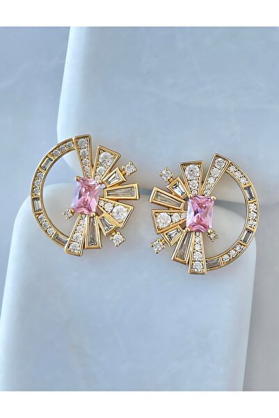 ZENA ACCESSORİES Pembe Baget Taşlı Tasarım Çelik Gold Küpe