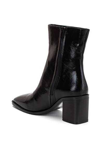 Dilimler Ayakkabı Black Women's Chunky Heeled Boots Patent Leather Blunt Toe Flat Bottom