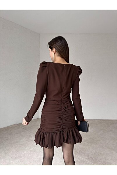 cemo Kare Yaka Önü Düğme Detaylı Drapeli Etek Ucu Fırfırlı Stayle Bordo Mini Elbise