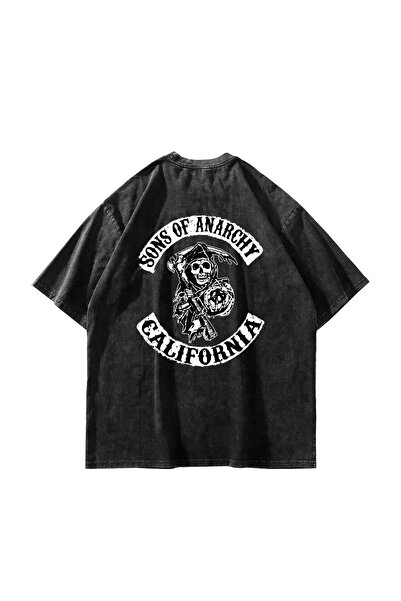Bak Moda Tricou negru lavabil unisex supradimensionat cu imprimeu Sons Of Ana...