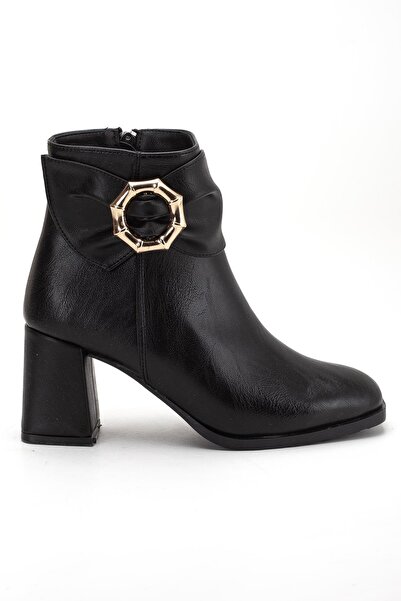 Dilimler Ayakkabı Black Women's Thick Heeled Boots with Side Bow Accessories and Blunt Toe