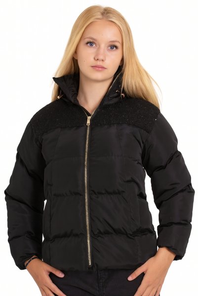 AHENGİM Girl's Black Hooded Zippered Puffer Jacket Ak2541