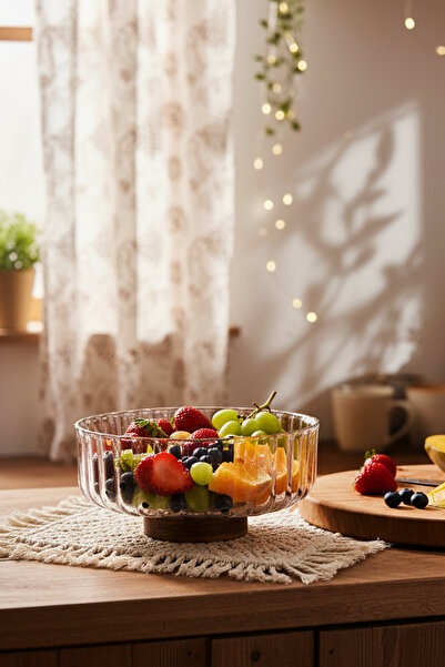 Amandus Luvia - Akasya Standlı Cam Kase Cam Sunum Meyve Tabağı Salata Kasesi