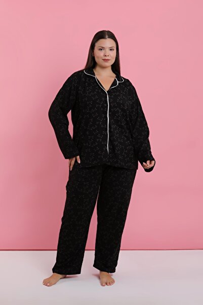 Akbeniz Women's Plus Size Black and White Piping Patterned Buttoned Pajama Set