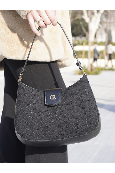 Ceery Siempra Black Genuine Leather Detailed Women's Shoulder Bag with Gold A...