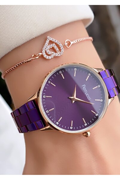Ferrucci Kadın Kol Saati – Mor Kadran, Rose Gold Çelik Kordon, Taşlı Minimal Tasarım, Bileklik Hediyeli