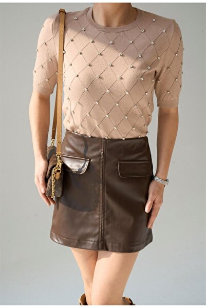 MU&ME BOUTİQUE Beige Short Sleeve Stone Sweater