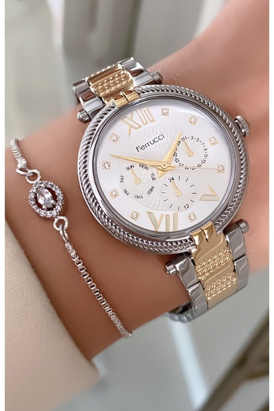 Ferrucci Women's Wristwatch – Gold Silver Steel Band, Multi-Dial with Stones, Luxurious Stylish Design, with Gift Bracelet