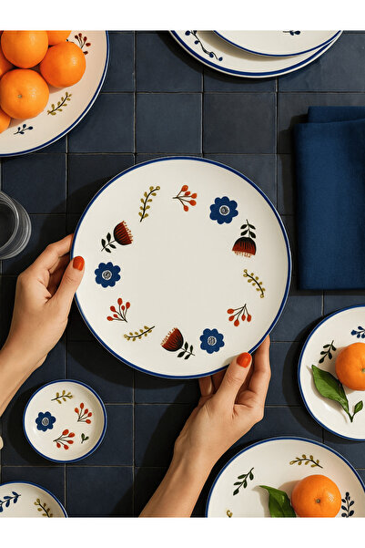 porselenden Katy Kit Blue 25 cm 6 kişilik servis, kahvaltı, ikram tabağı premium porselen