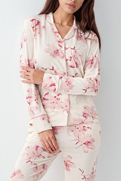 Pierre Cardin Set de pijamale elegante pentru femei, cu mâneci lungi, cu modele florale