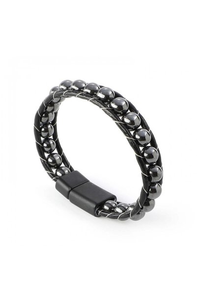 FM Hematite Natural Stone Leather Bracelet 31832B2D8M5