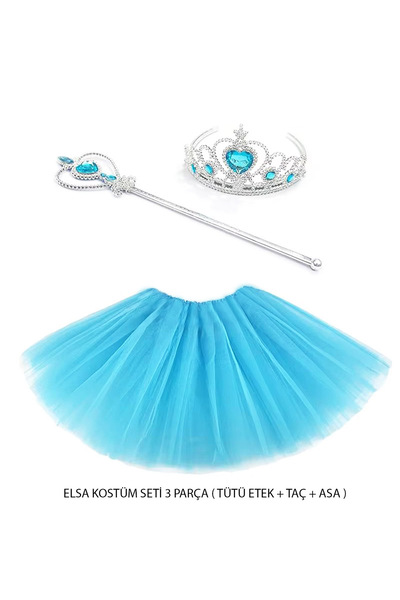 Mustran Mavi Prenses Elsa Kostüm Seti 3 Parça (Tütü Etek + Taç + Asa )