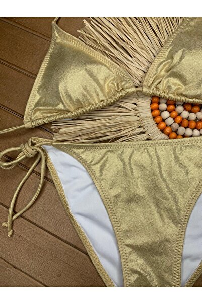 VAJESTO Kadın Sarı Pamuklu Şık Kaliteli Varaklı Baskı Parlak Bikini Takımı