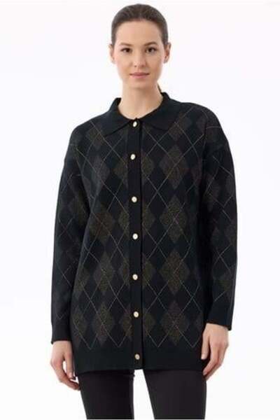 Tığ Triko Triko Polo Yakalı Triko Hırka - Siyah