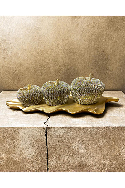 GİTTİGİTTİ 3'lü Kristal Taşlı Elma Dekor Seti Gold