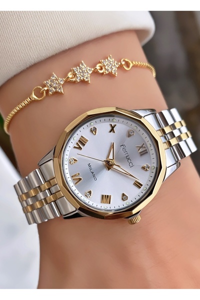 Ferrucci Women's Wristwatch – Gold Silver Steel Band, Roman Numeral Dial with Stones, Star Bracelet Gift