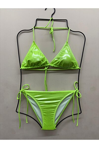 Genel Markalar Kadın Yeşil Pamuklu Şık Kaliteli Varaklı Baskı Parlak Bikini Takımı